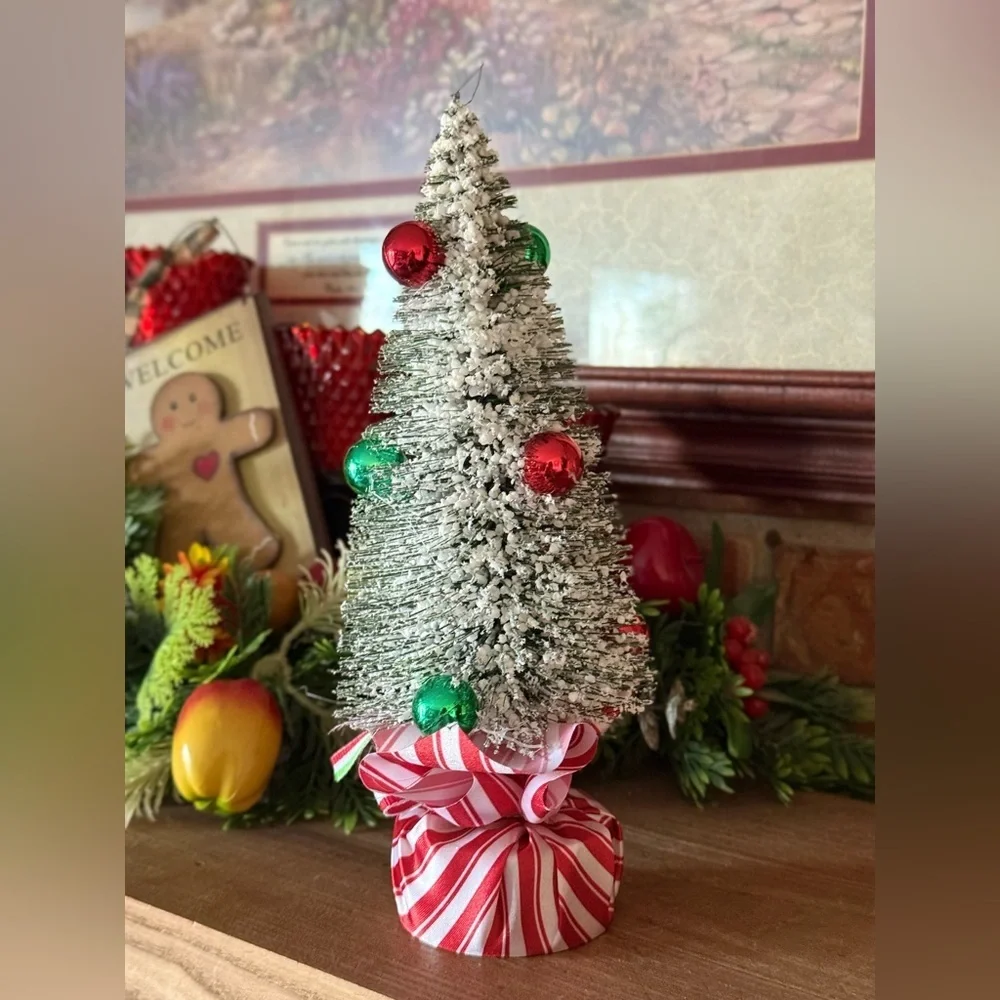 Mini Flocked Christmas Tree with Red & Green Ornaments - Holiday Home Decor